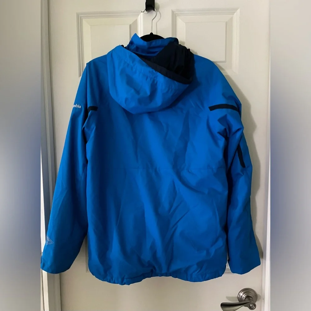 Men’s Columbia Omni-heat blue hooded winter jacket, multiple pockets, Velcro-S